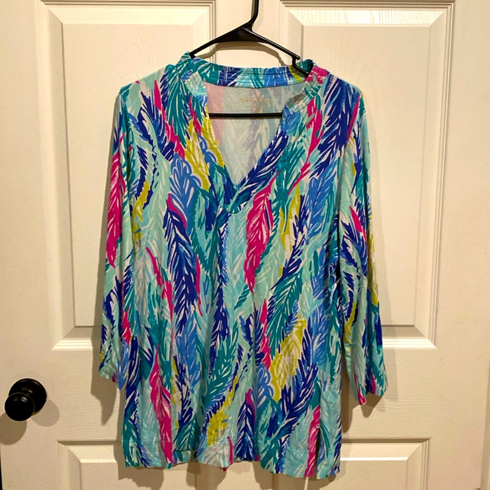 Lilly Pulitzer Multicolor Feather-Print Tunic - Aqua, Blue, Pink, Yellow